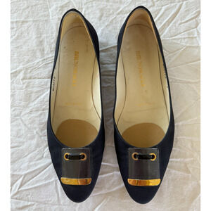 Vintage Bruno Magli Black Ballet Flats Clear and Gold Buckle Sz 7 Womens Shoes